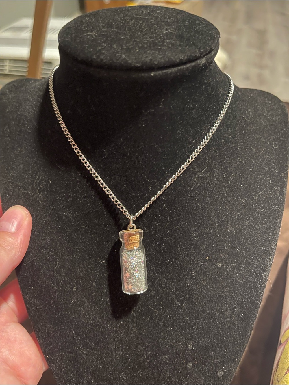 Glass Vial Pendant Necklace in Silver with Glitter